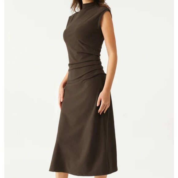 OGL Mockneck Tucks Midi Dress Sz Medium Womens Brown Sleeveless Stretchy Ruched - Picture 7 of 16